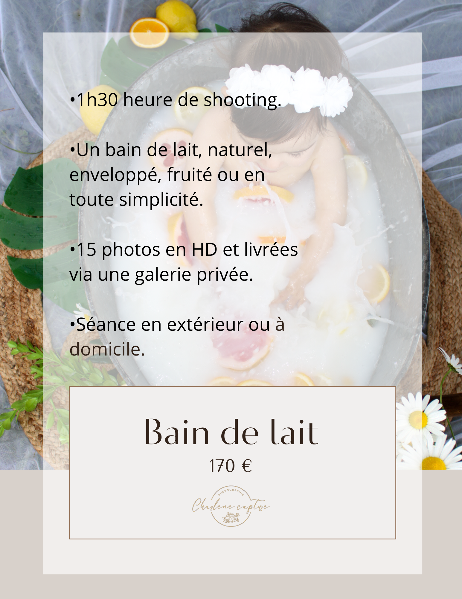 Une image d'une affiche promotionnelle pour un bain de lait à 170 €, avec une image de lait, de fleurs blanches, de fruits et d'agrumes, et du texte en français décrivant le produit et ses caractéristiques.