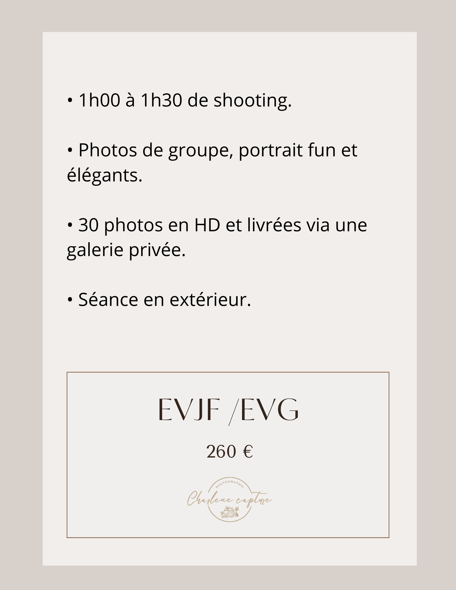 Une affiche publicitaire pour un séance photo de groupe avec des portraits élégants, proposant 30 photos en haute définition pour 260 euros.