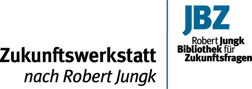 Grafik mit Text 'Zukunftswerkstatt nach Robert Jungk' und Logo 'JBZ Robert Jungk Bibliothek für Zukunftsfragen'.