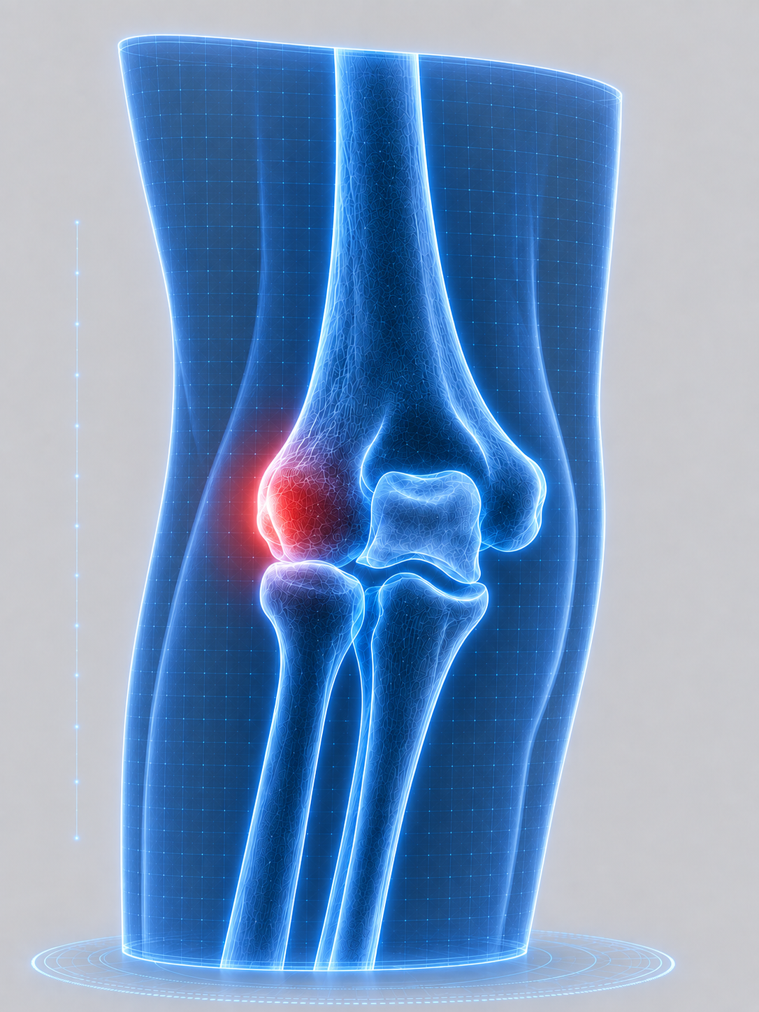Digital medical illustration of a human knee joint with a red highlighted area indicating pain or injury.