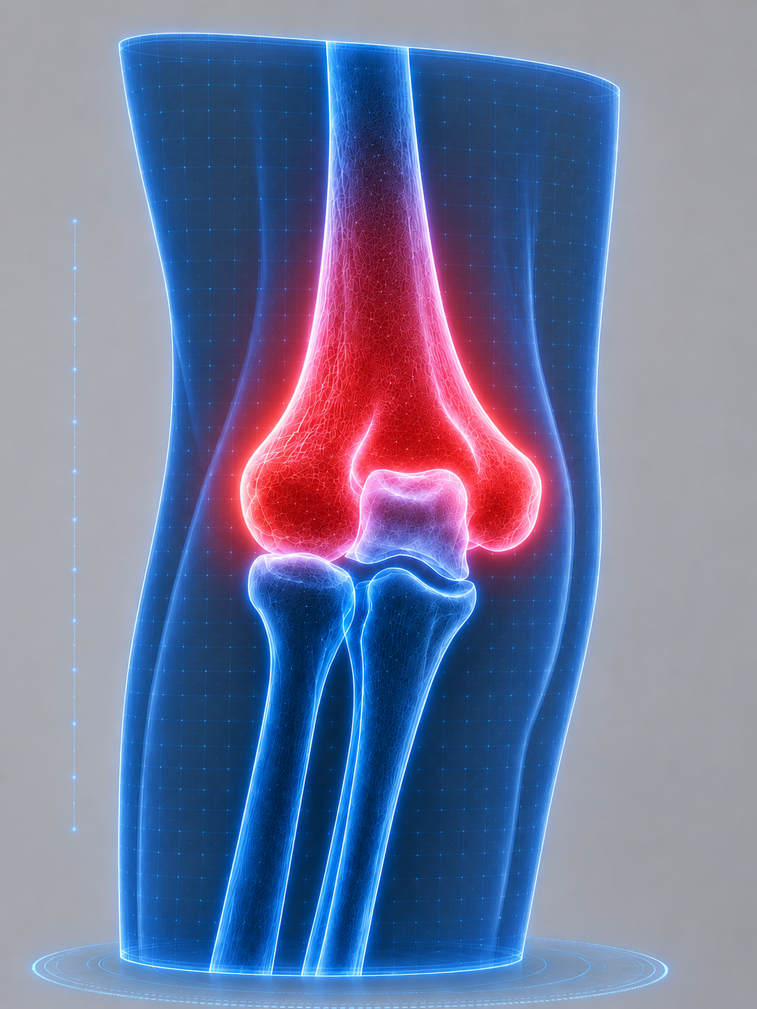 Digital illustration showing a knee joint with bones and cartilage, highlighting the knee area in red, with a futuristic blue grid background.
