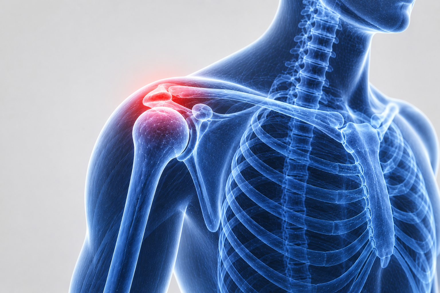 Digital illustration of a human shoulder joint highlighting shoulder pain or injury.