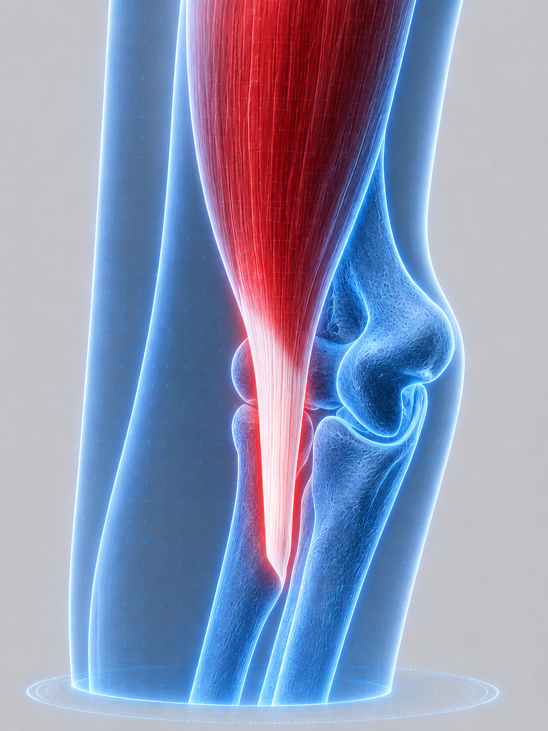 A digital illustration of a human knee joint showing bones and muscles, with illuminated outlines.