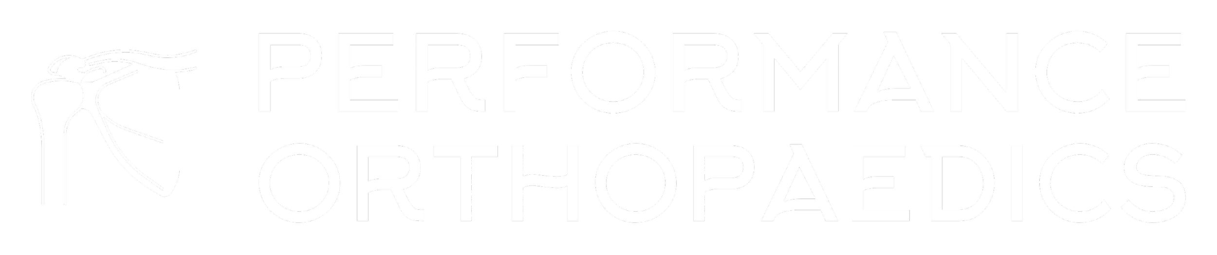 Performance Orthopaedics logo with a stylized white and black illustration of a shoulder and upper arm on a black background.