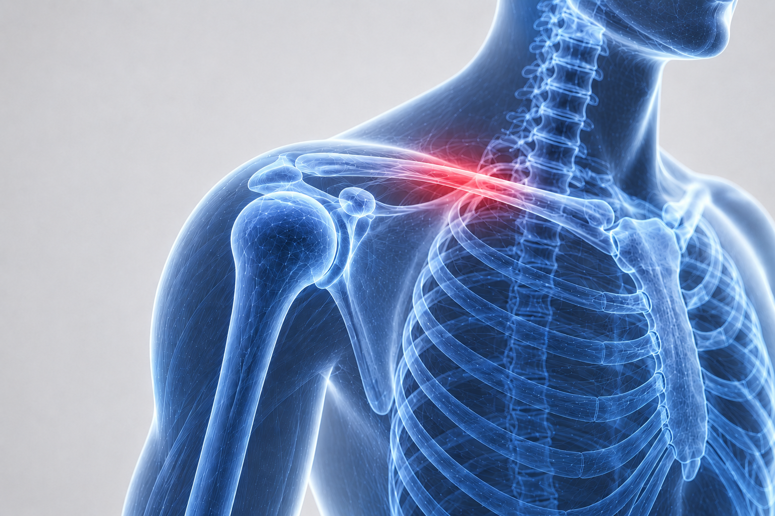 A digital illustration of a human upper body showing the shoulder, clavicle, and rib cage in a transparent blue style. The image highlights the shoulder joint with a red glow indicating pain or injury.