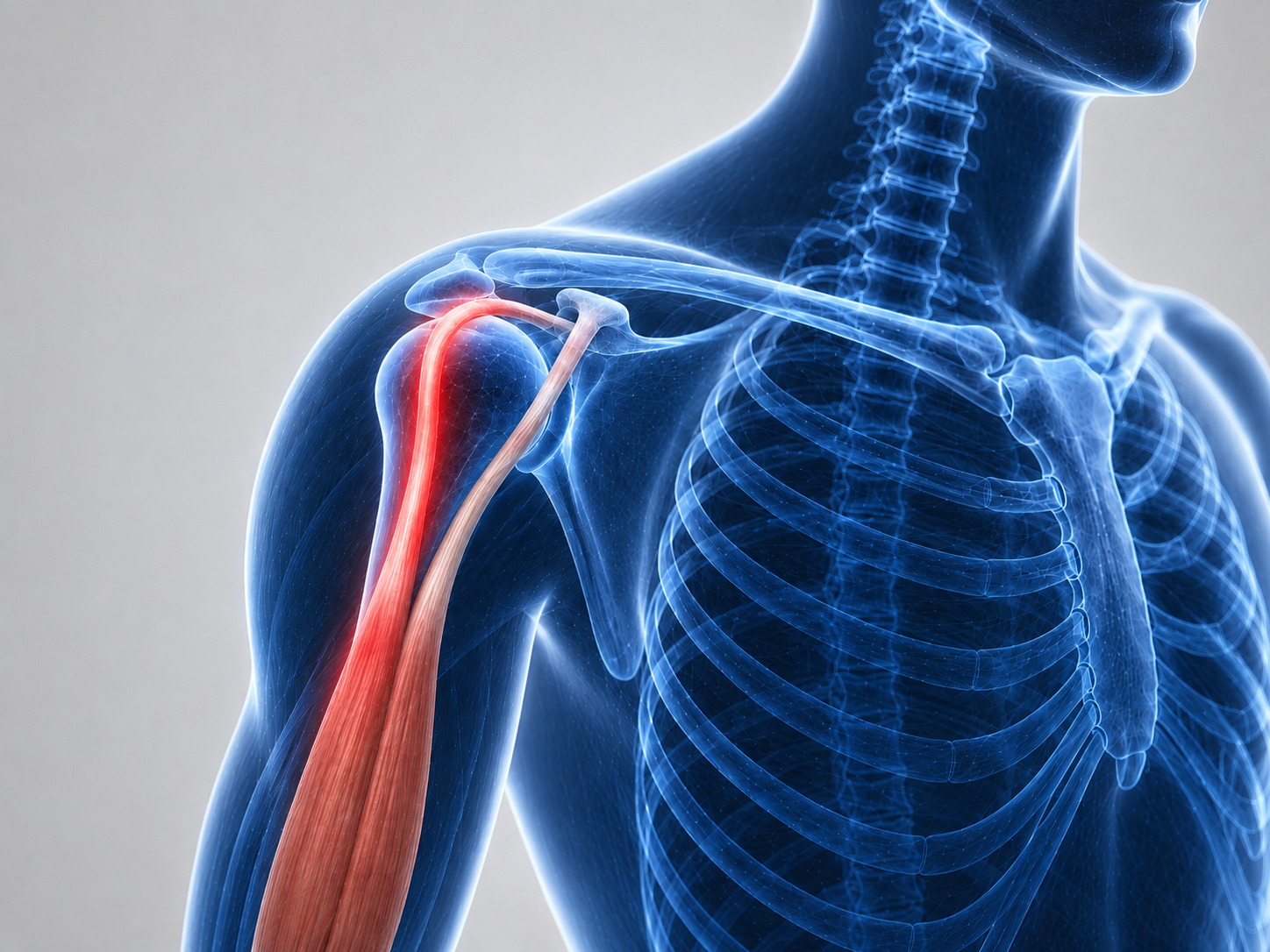 An illustration of a human shoulder with a focus on the upper arm bone, showing muscle and tendon tissues. The bones are transparent, revealing internal structures, with a red highlight indicating pain or injury in the shoulder area.