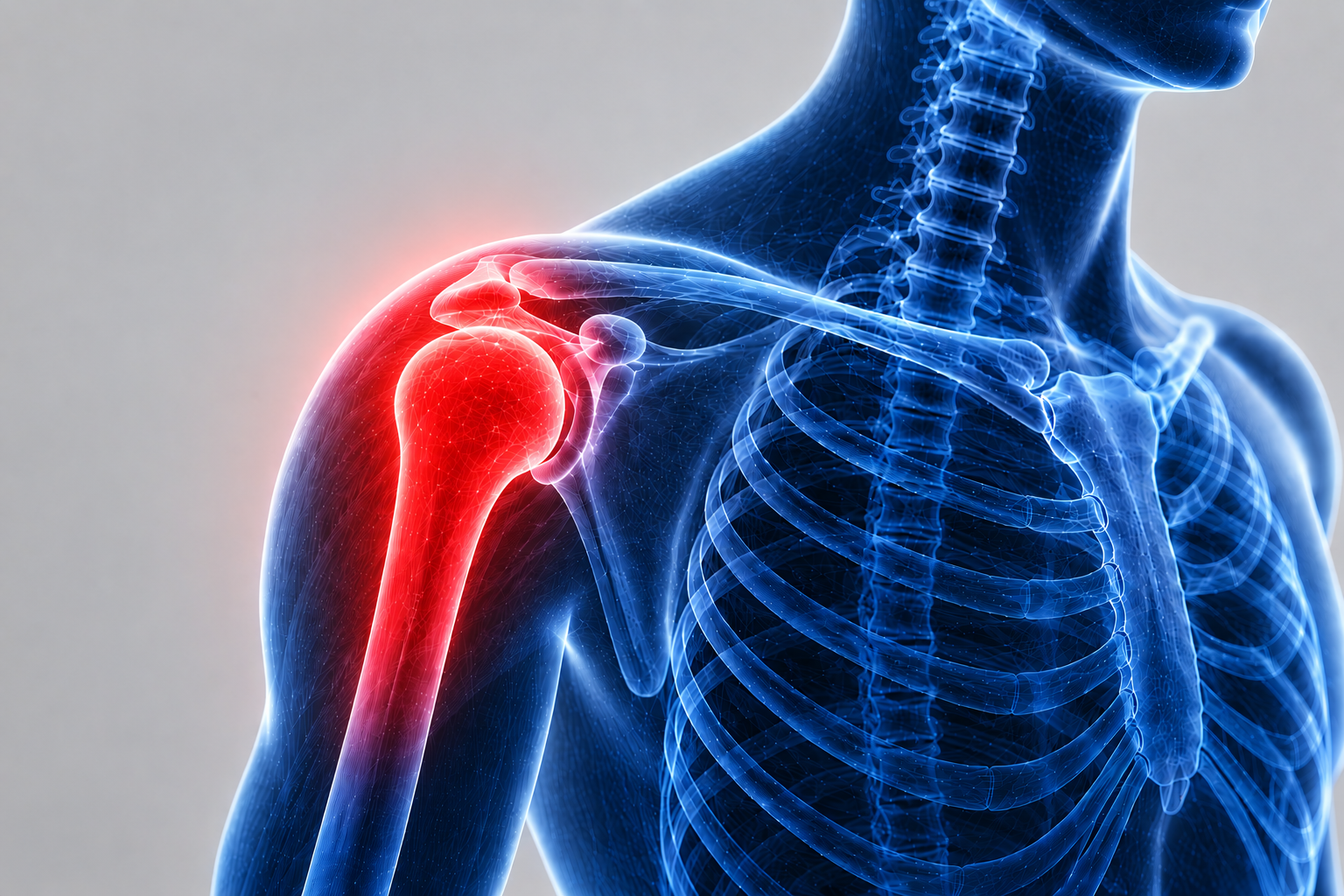 Digital medical illustration showing a human skeleton highlighting the shoulder joint with a red glow, indicating pain or injury.