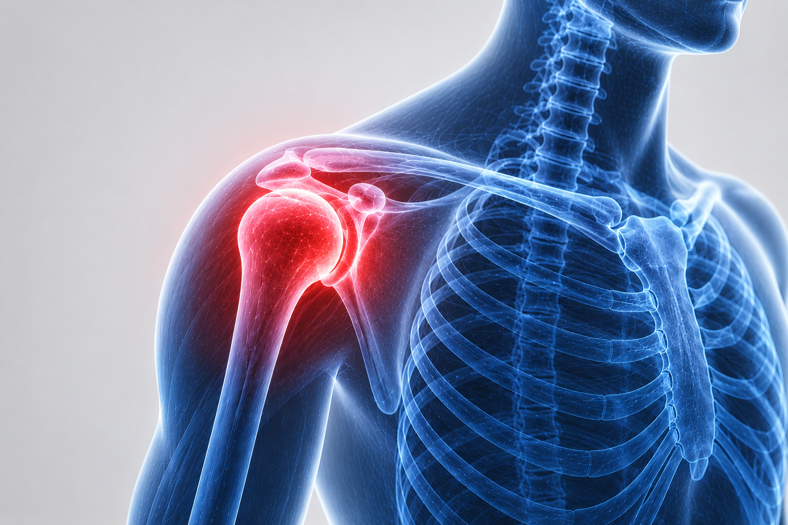 Digital illustration of a human shoulder with a highlighted red area indicating pain or injury.