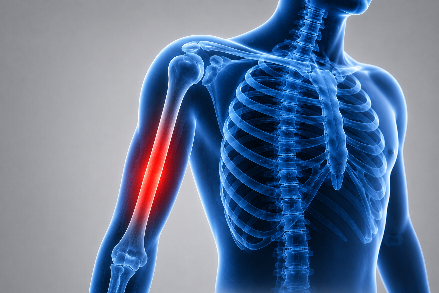 X-ray illustration of a human upper body, highlighting a fracture in the left arm with a red area indicating injury.