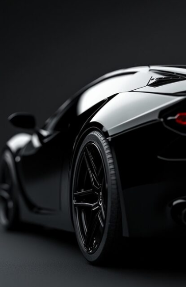 Close-up of the rear of a sleek black sports car against a dark background.