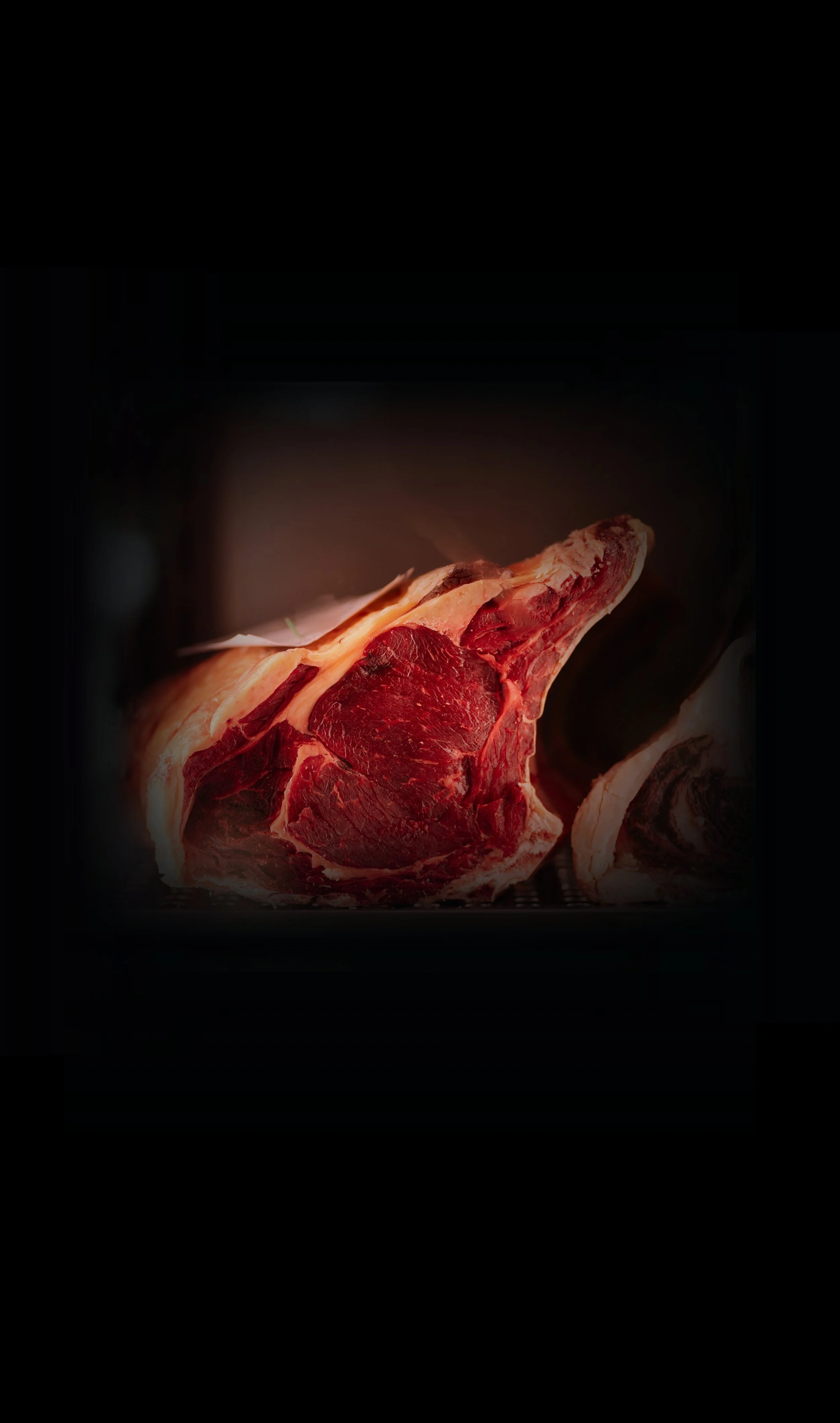 Pieza de carne premium madurada en cámara de conservación de LAVAKA Steak House, Figueres.