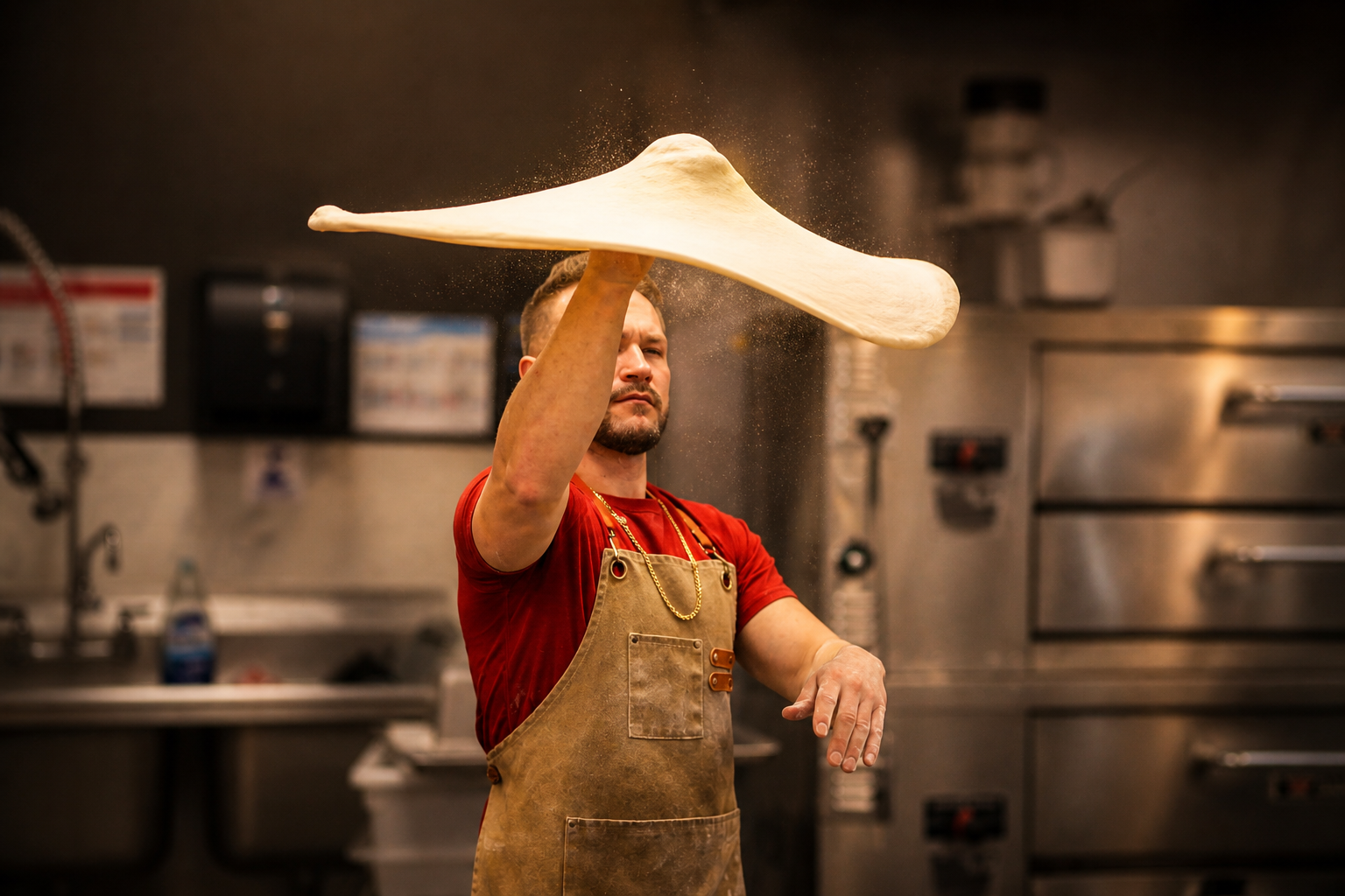 A man in a red shirt and brown apron spinning pizza dough in a kitchen.