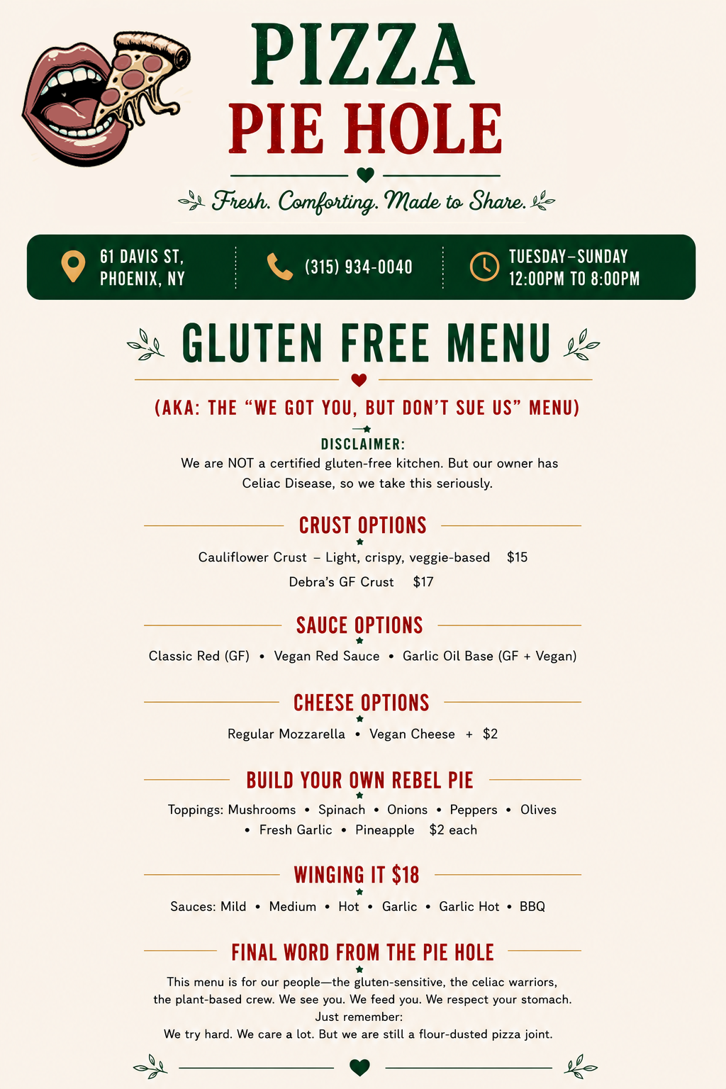Menu for Pizza Pie Hole with options for gluten free crust, sauces, cheese, and build your own rebel pie, winging it, and final message from the pizza joint.