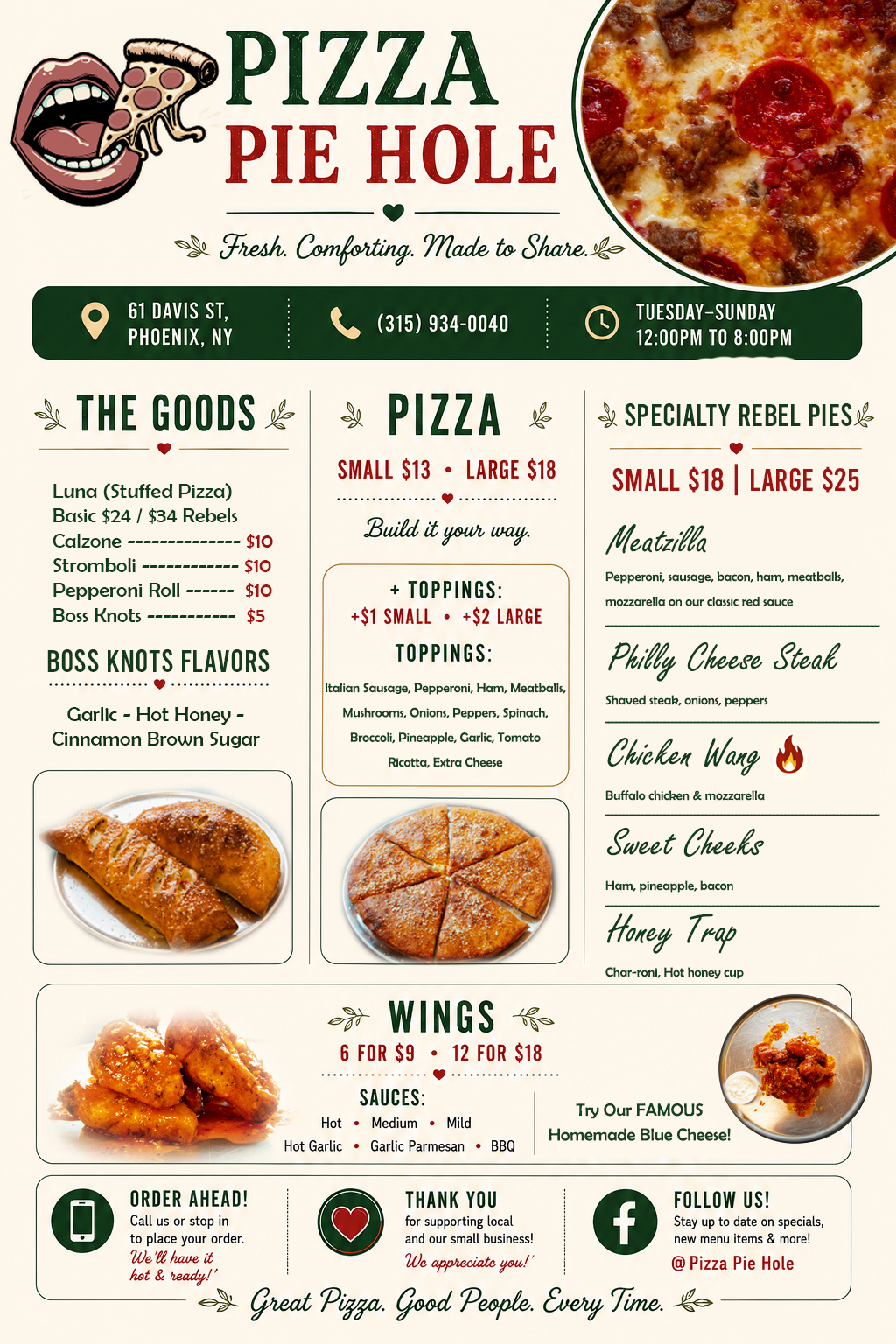 Menu for Pizza Pie Hole featuring pizza, wings, and specialty pies like Meatza, Philly Cheese Steak, Chicken Wang, and Sweet Cheeks, with prices, toppings, and sauces.
