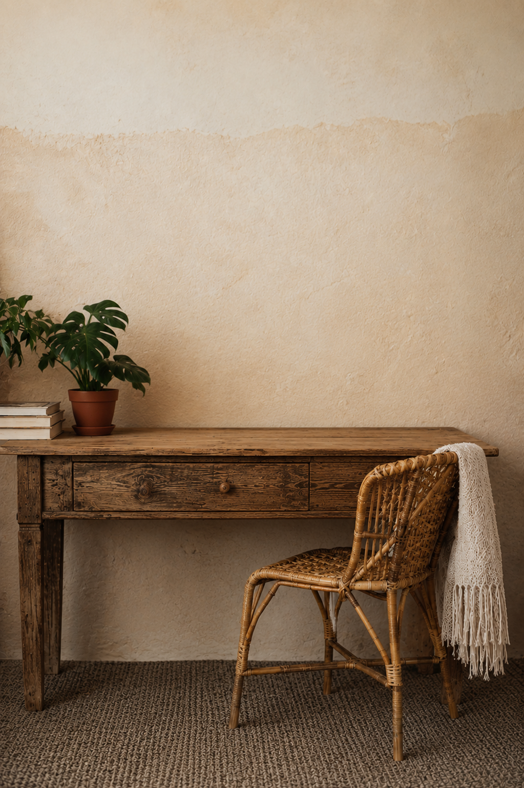 A rustic wooden desk with a drawer, a potted green monstera plant, a stack of books, a wicker chair, and a white lace blanket draped over the chair. The scene is set against a textured beige wall and on a brown patterned rug.