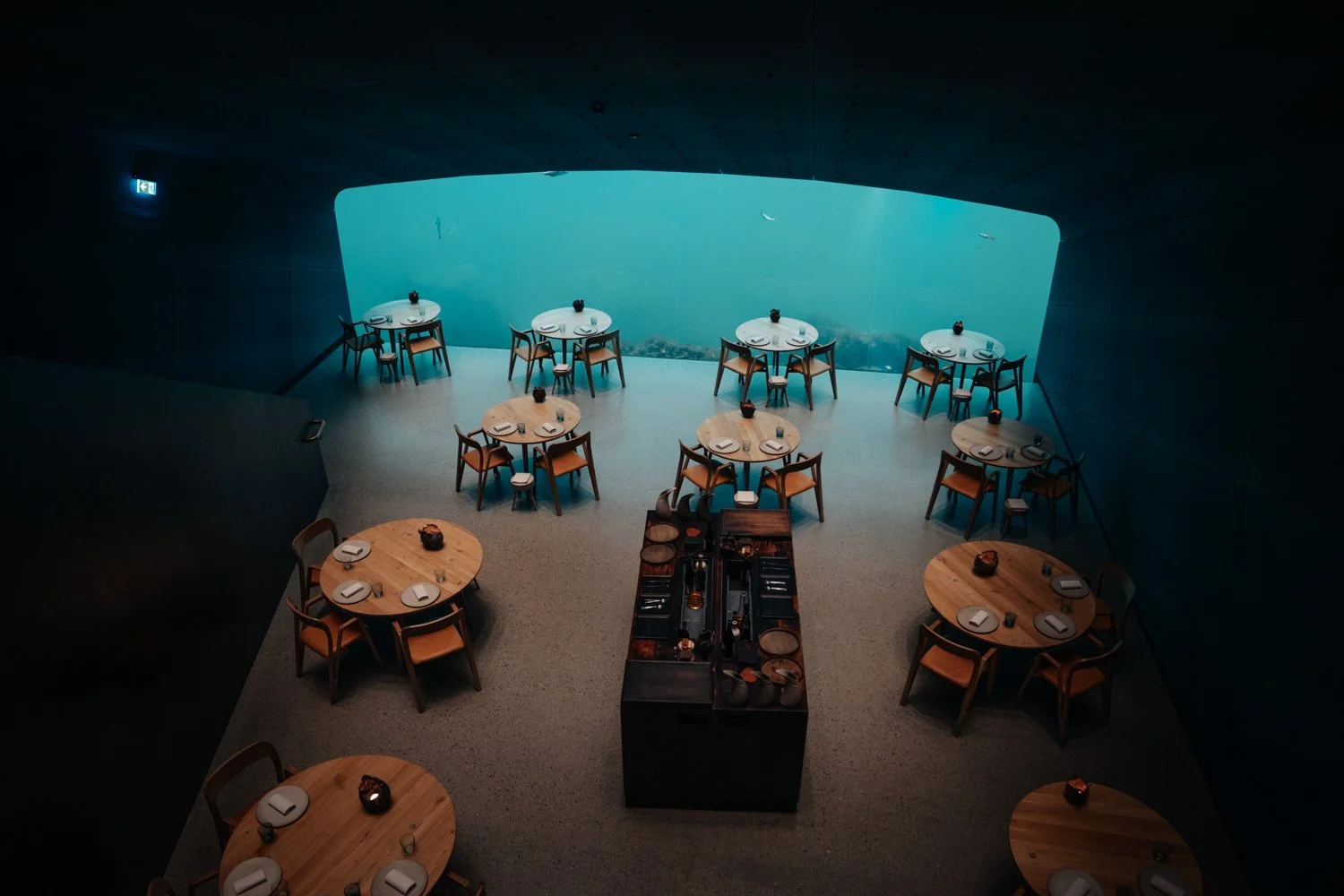 Innenaufnahme eines modernen Restaurants mit mehreren runden Tischen, die schön gedeckt sind. Blick auf eine große Aquarienwand, die den Raum mit Meerestieren verbindet.