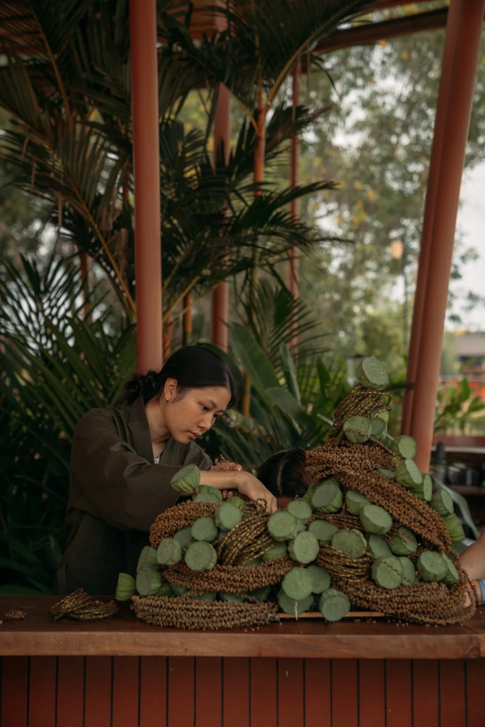 Zwei Frauen betrachten eine große Ansammlung von Samenständen und Früchten, vermutlich der Pflanze Lotus, auf einem Holztisch im Freien.