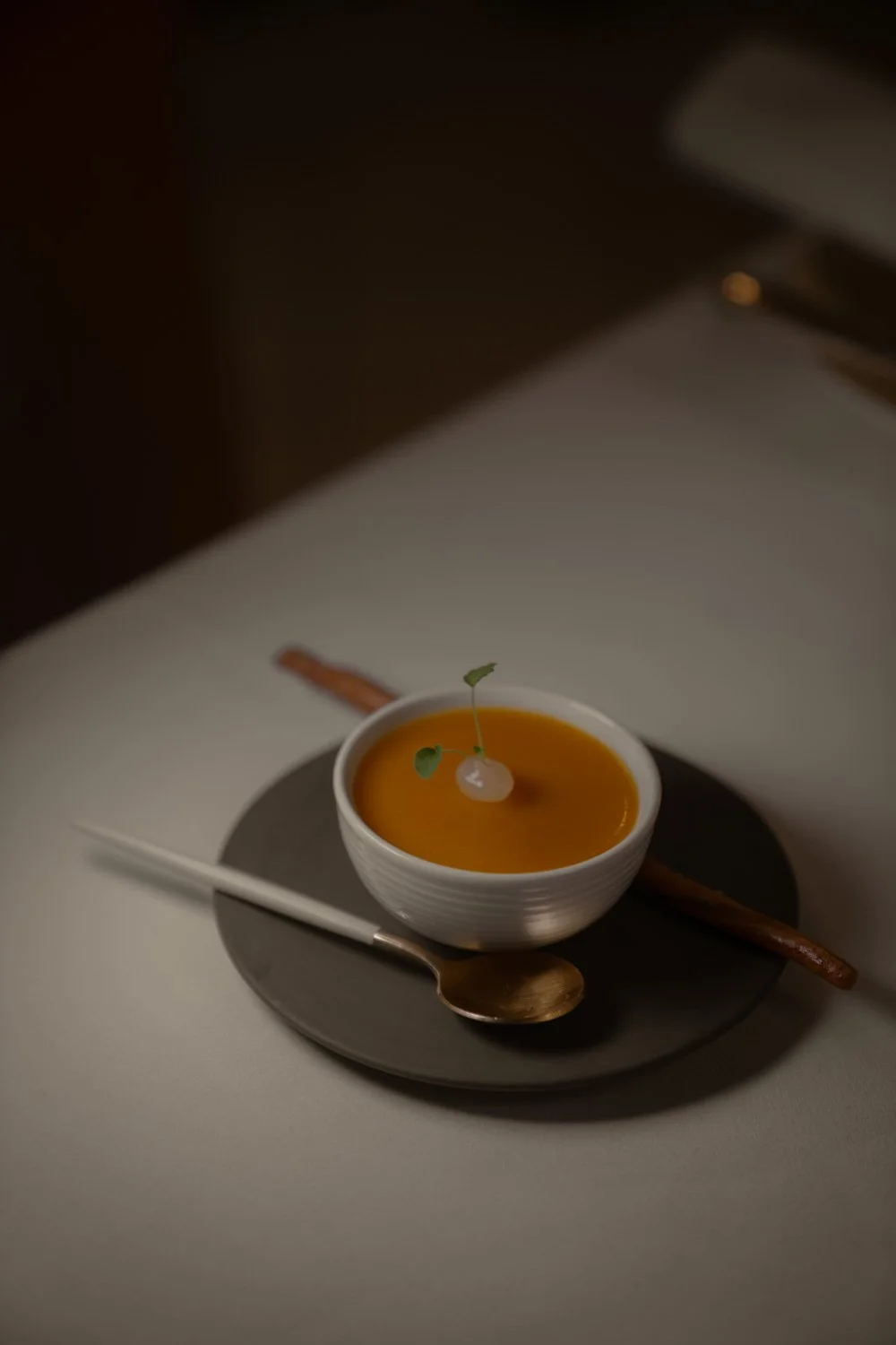 Eine Schüssel mit orangefarbener Suppe, garniert mit einem Kerbel auf einem schwarzen Teller, mit einem Löffel und einem Zimtstange daneben.