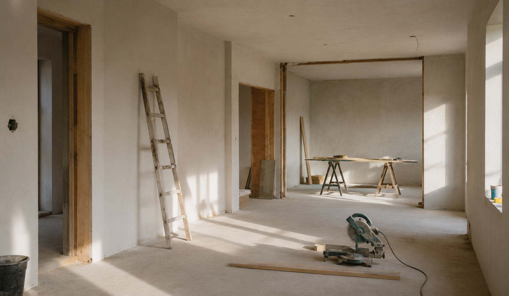 Interior of a house under construction with unfinished walls and construction tools, including a ladder and a circular saw, with sunlight streaming in.
