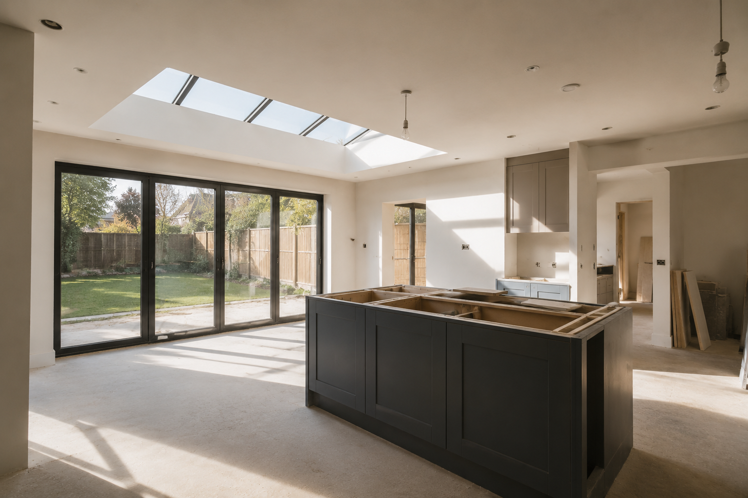 Interior of a house under construction with a large kitchen island, large glass sliding doors opening to a backyard, and a skylight in the ceiling.