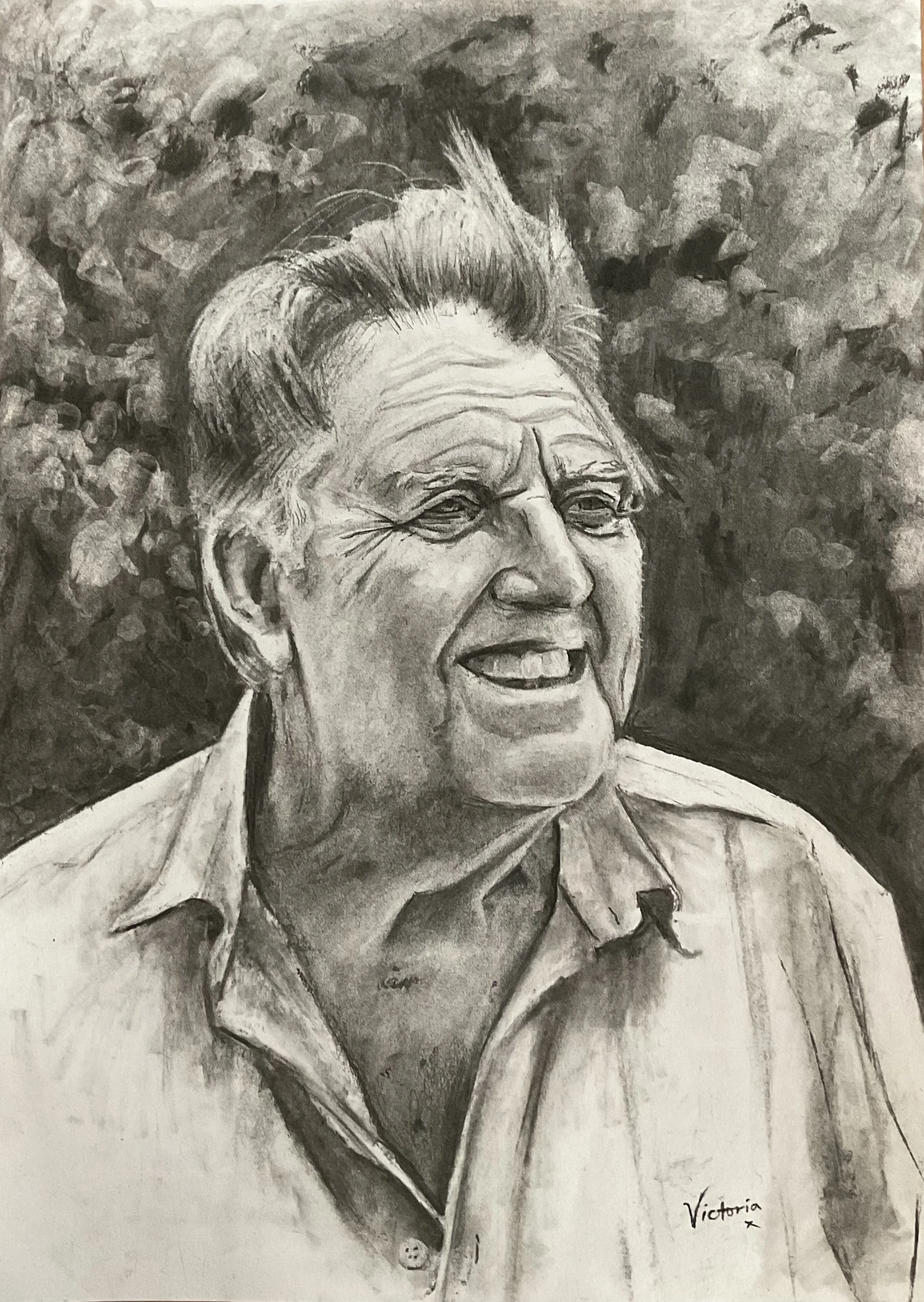 Photograph taken by artist. Charcoal on A3 paper. Completed as a gift.