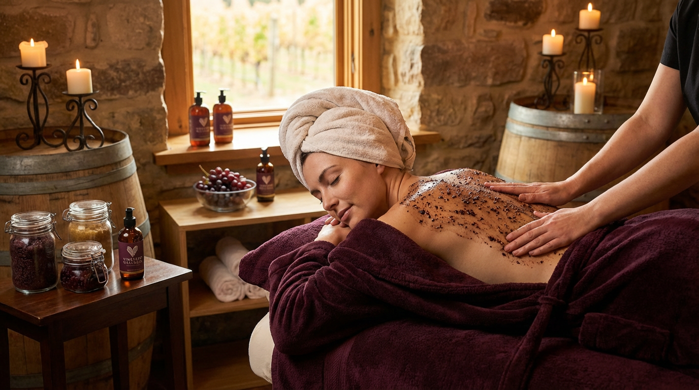 A woman lying face down on a massage table receiving a coffee scrub treatment from a therapist in a cozy spa room with candles, jars of herbs, and a bowl of grapes.