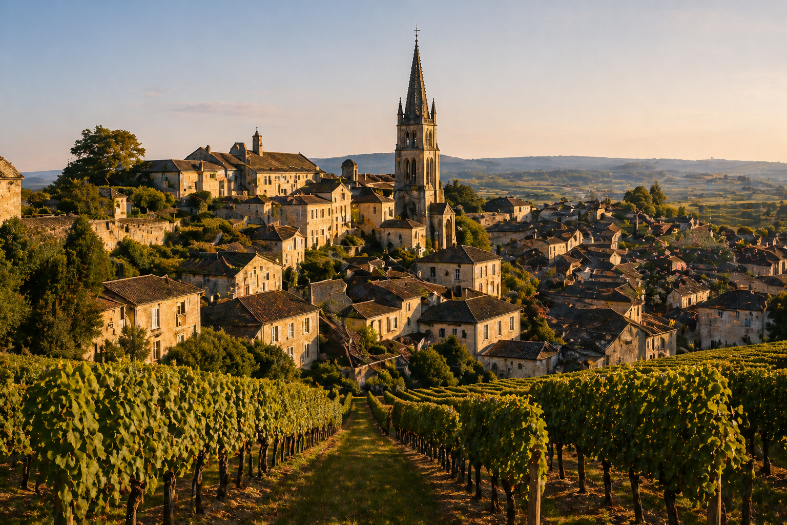 Vineyard with lush green grapevines in the foreground leading to a picturesque hilltop village with stone houses and a tall church steeple, under a clear sky at sunset.