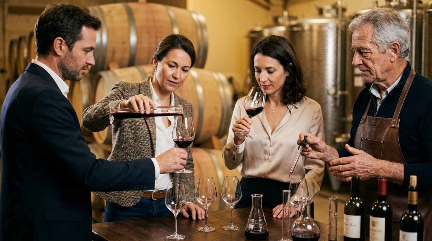 Four people in a winery or vineyard tasting wine, with wine bottles and glassware on the table, and wine barrels in the background.