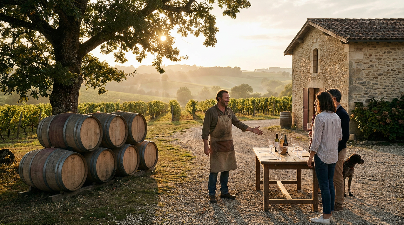 A man in an apron talking to a group of three people at a table with wine bottles, wines glasses, and a corkscrew, in a vineyard at sunset, with a stone house, barrels, and greenery in the background, and a dog standing nearby.