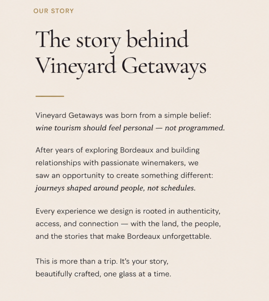 Text titled 'The story behind Vineyard Getaways' explaining the company's philosophy and experience in Bordeaux wine tourism.