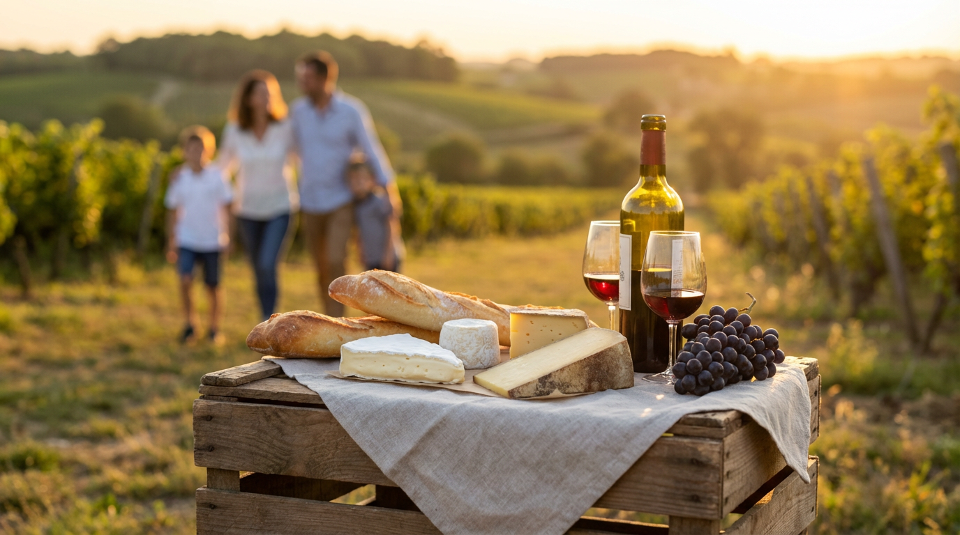 A rustic outdoor picnic setup with bread, cheeses, grapes, wine bottles, and glasses on a wooden tablecloth, with a family walking through a vineyard at sunset in the background.