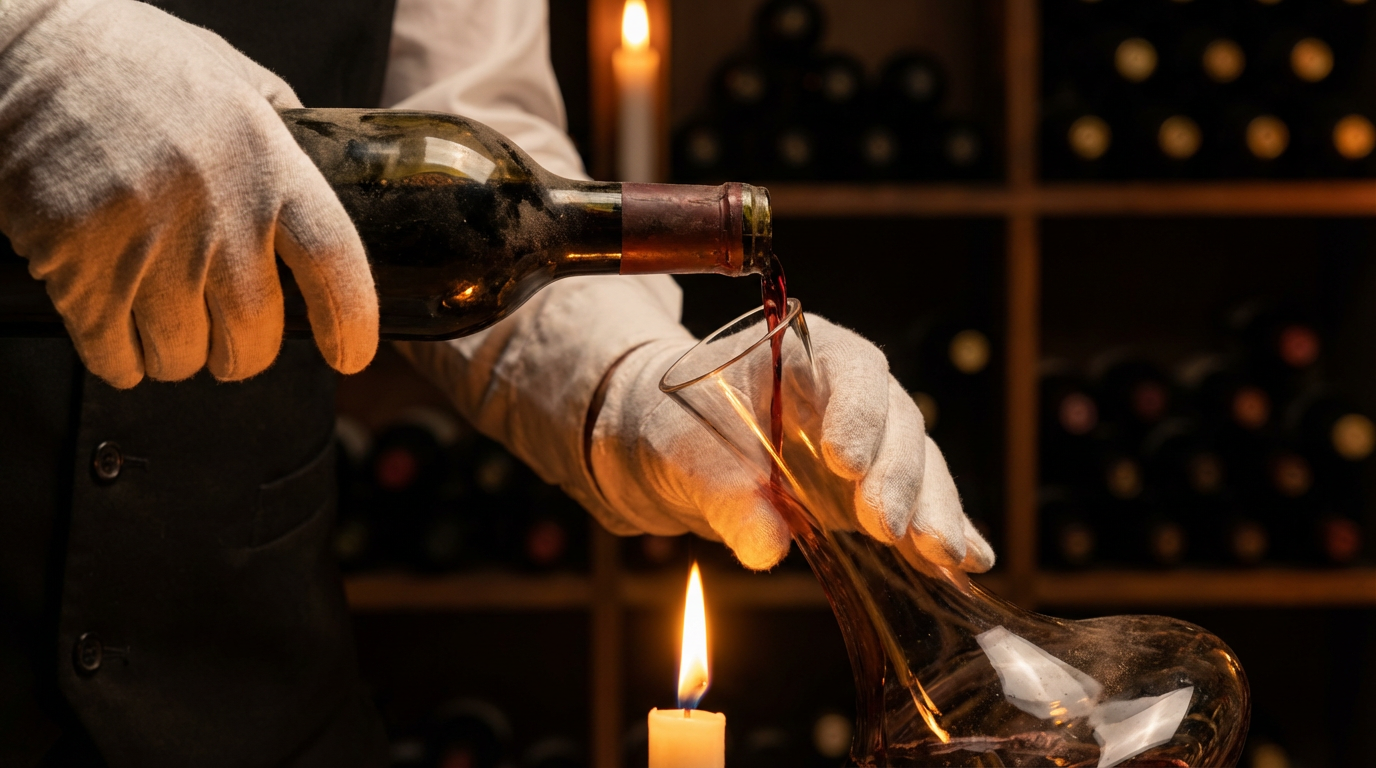 Person pouring red wine into a glass in a cozy setting with wine bottles in the background.