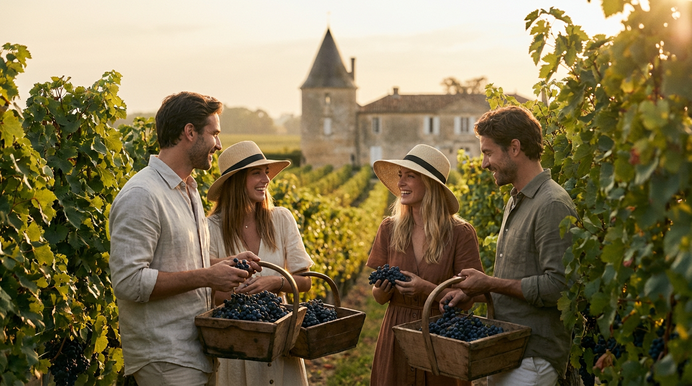 Four people picking grapes and sharing a conversation in a vineyard during sunset.
