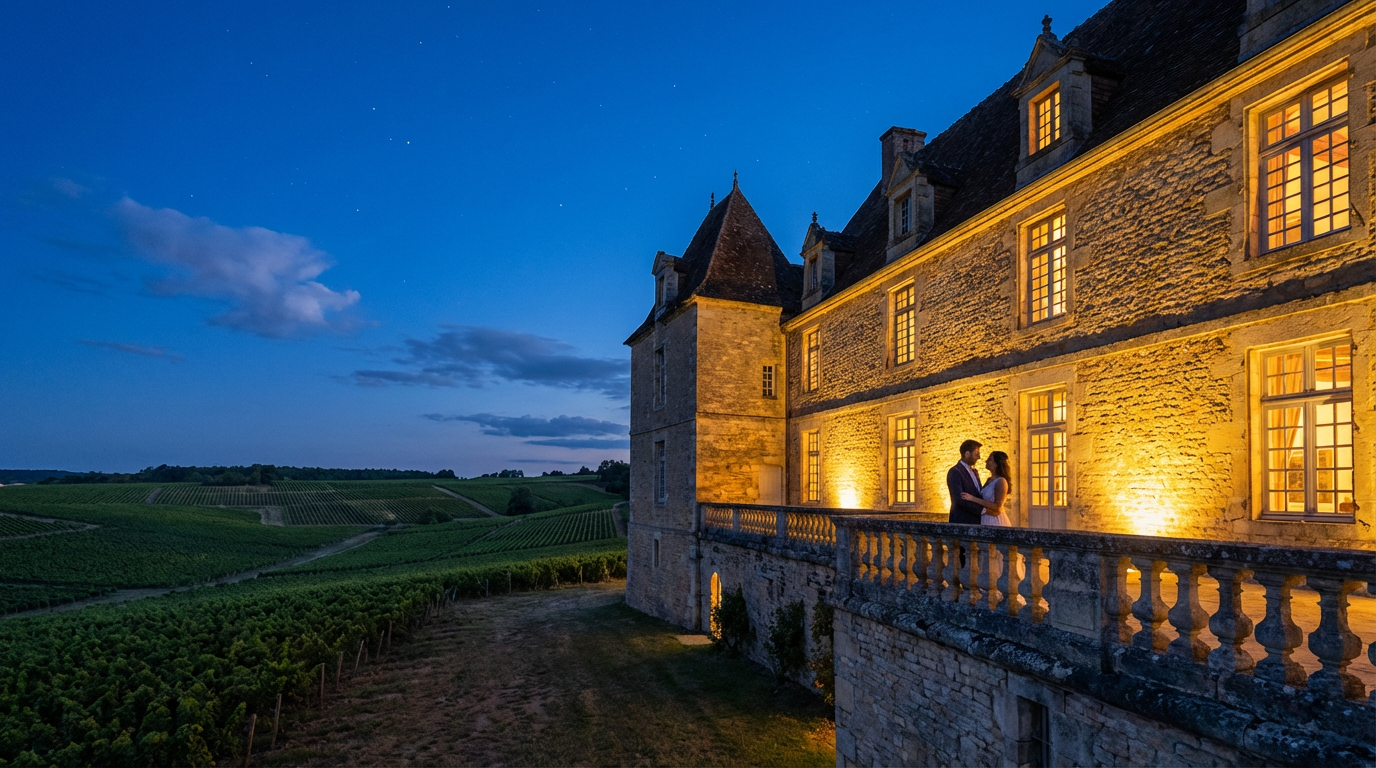 A couple standing on a balcony of a historic stone castle at twilight, overlooking lush green vineyards.