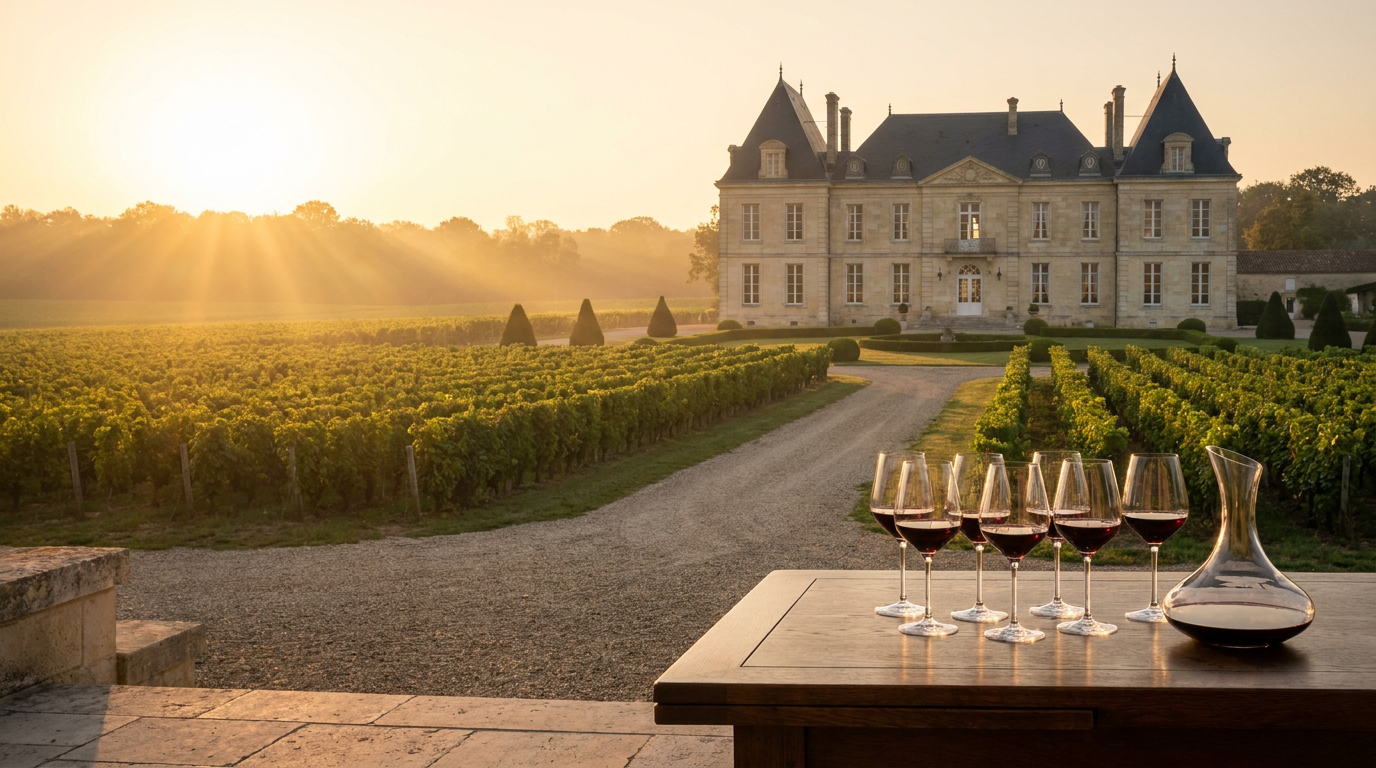 A vineyard estate at sunset with a view of a chateau in the background and a table in the foreground holding five glasses of red wine and a decanter.