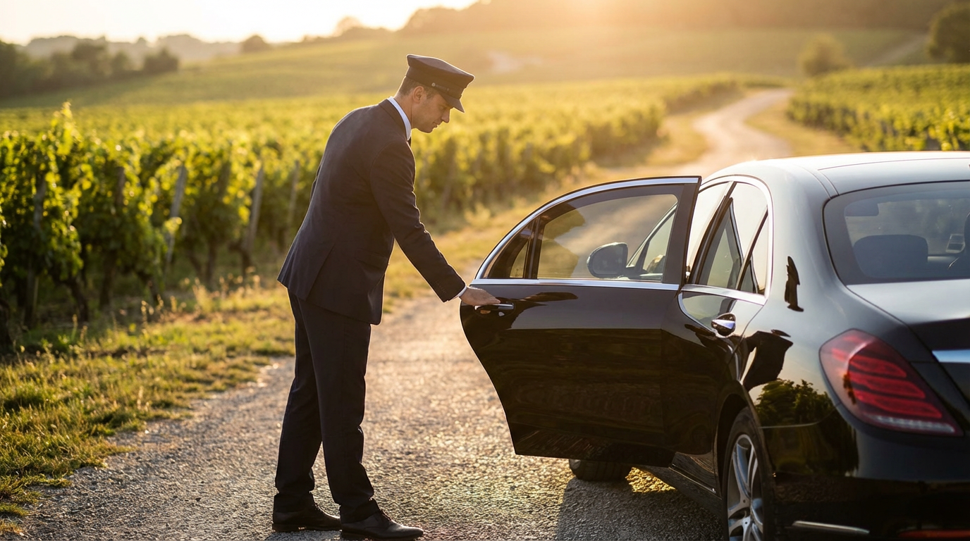 A man in a chauffeur's uniform opening the rear door of a black car on a rural dirt road, with vineyards and hills in the background at sunset.