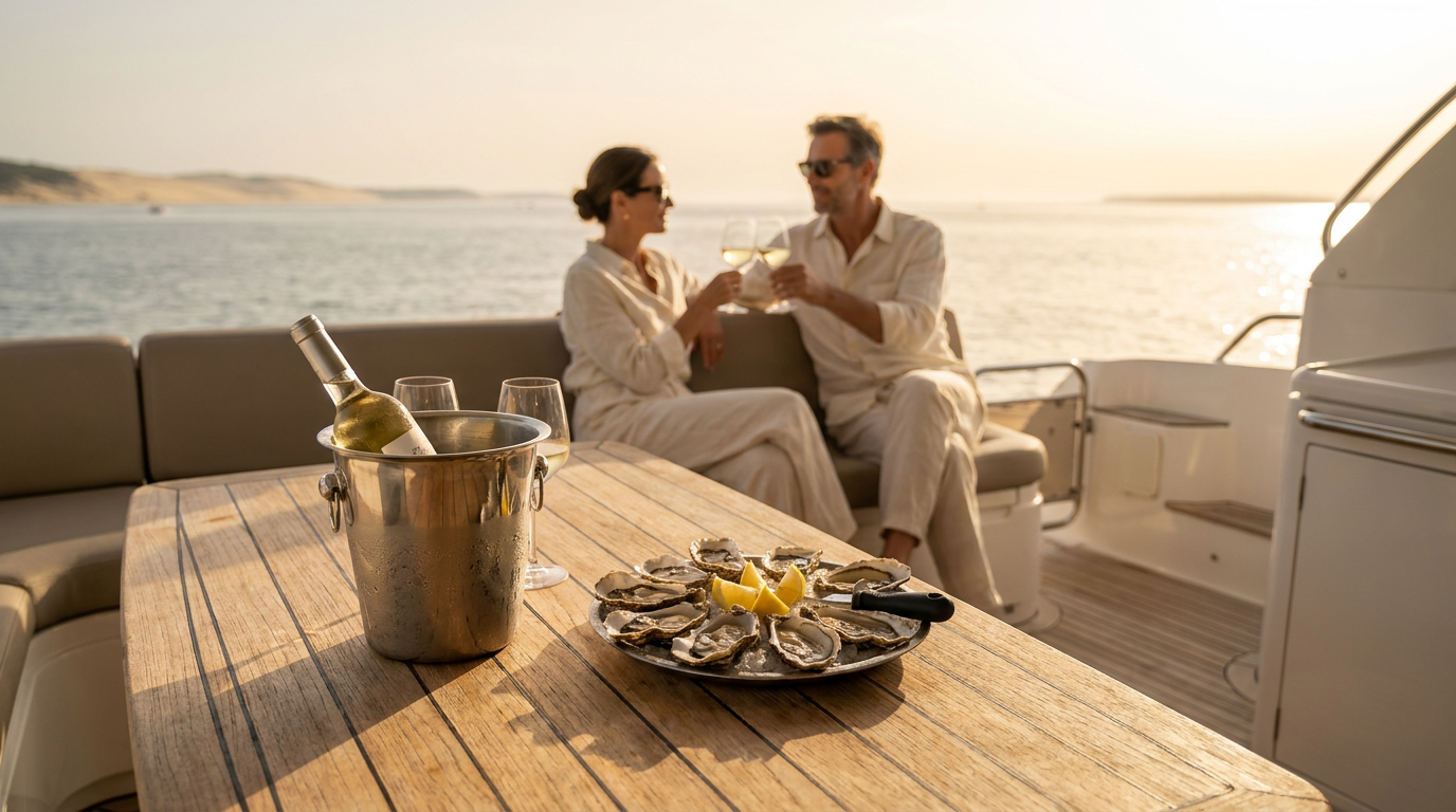 A couple enjoying drinks on a boat by the water, with a plate of oysters and a bottle of wine on the table in front of them during sunset.