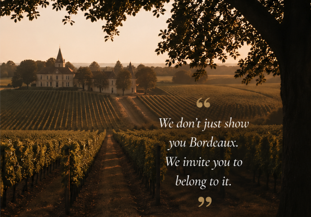 View of a vineyard in Bordeaux at sunset with a large château and trees in the background, and a quote about Bordeaux.