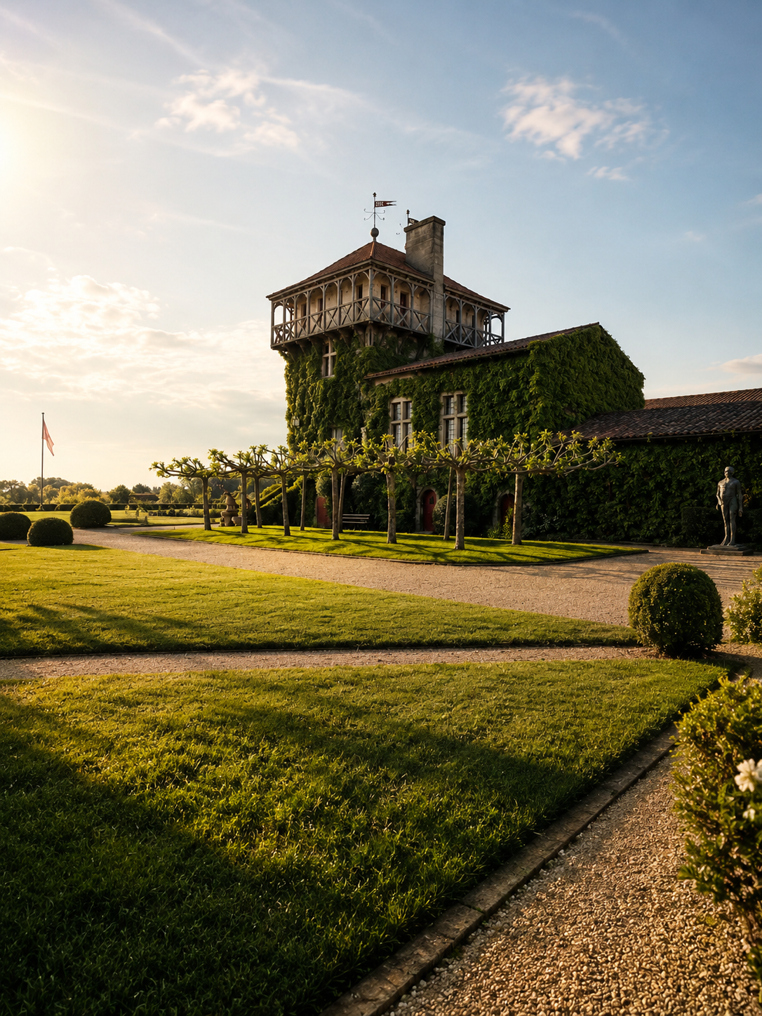 A historic building with a tower covered in ivy, surrounded by a manicured lawn and trees, during sunset.