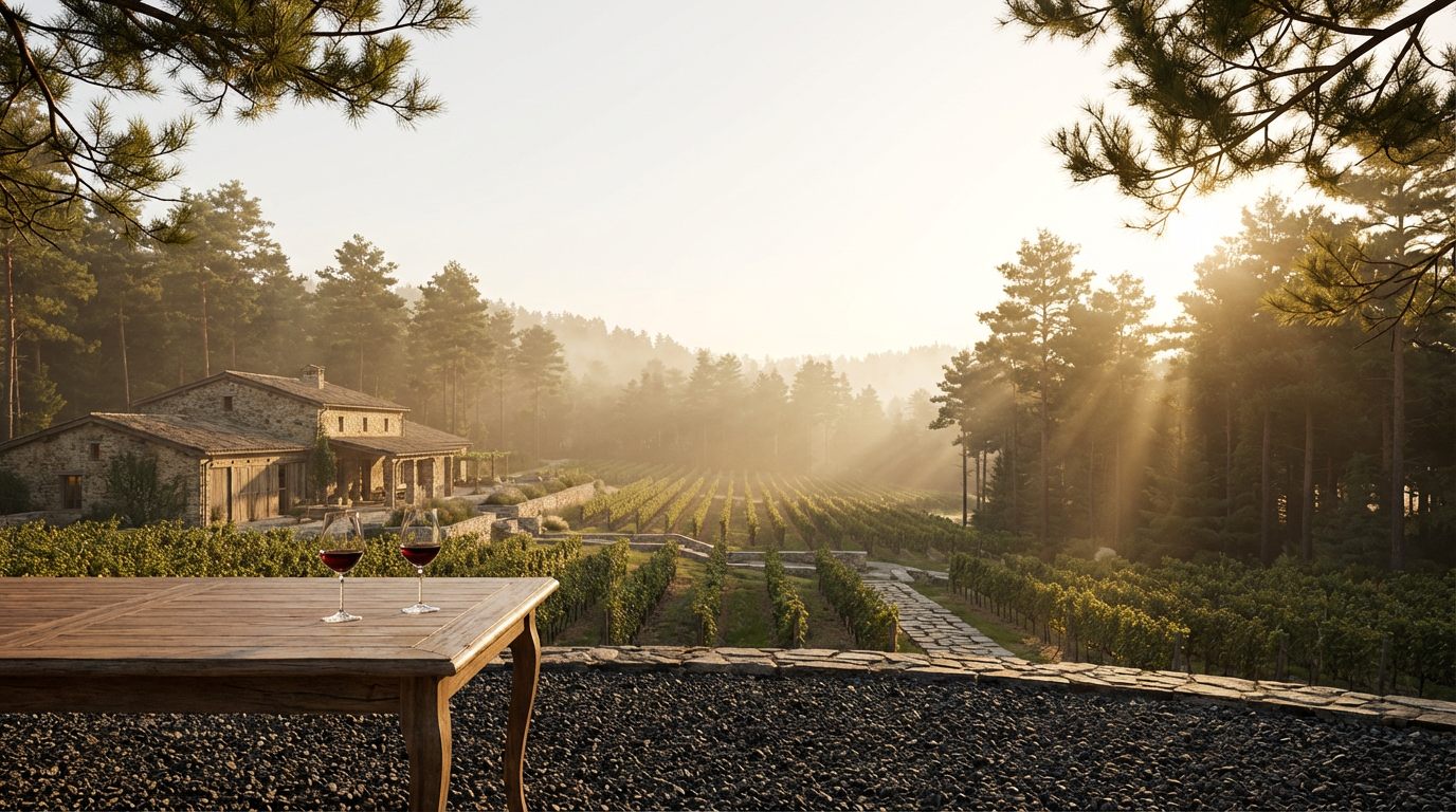 Sunset over a vineyard with a stone building in the background. Two glasses of red wine on a wooden table in the foreground.