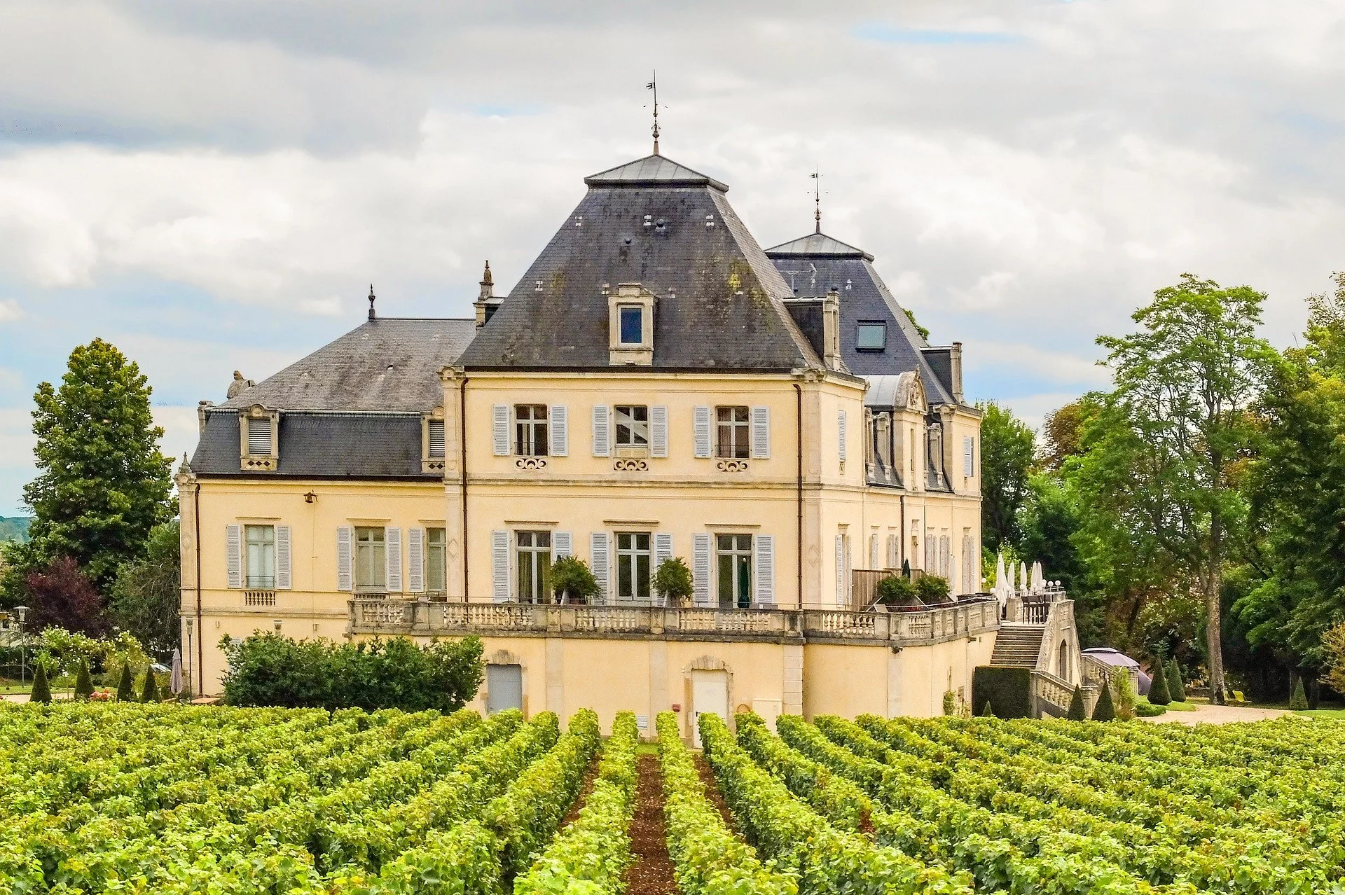 An elegant mansion with a steep mansard roof, multiple small spires, and French windows, surrounded by lush green trees and a vineyard in the foreground under a cloudy sky.