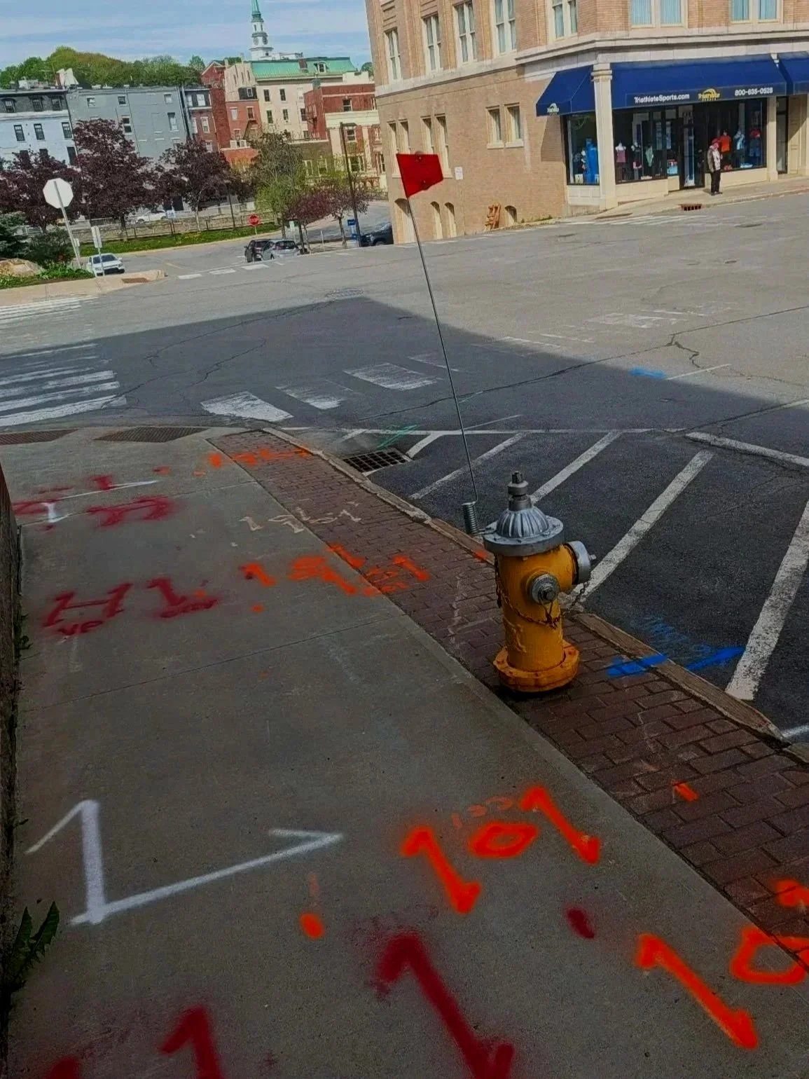 Street view with a fire hydrant has a flag attached to a tall antenna. The sidewalk has orange markings, and there's a crosswalk and buildings in the background.