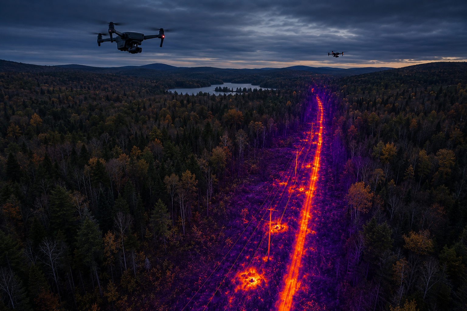 A drone flying over a forested area at dusk, with a glowing orange trail of lights along a cleared path and power lines, illustrating how thermal drones can detect possible electrical issues with thermal heat signatures.