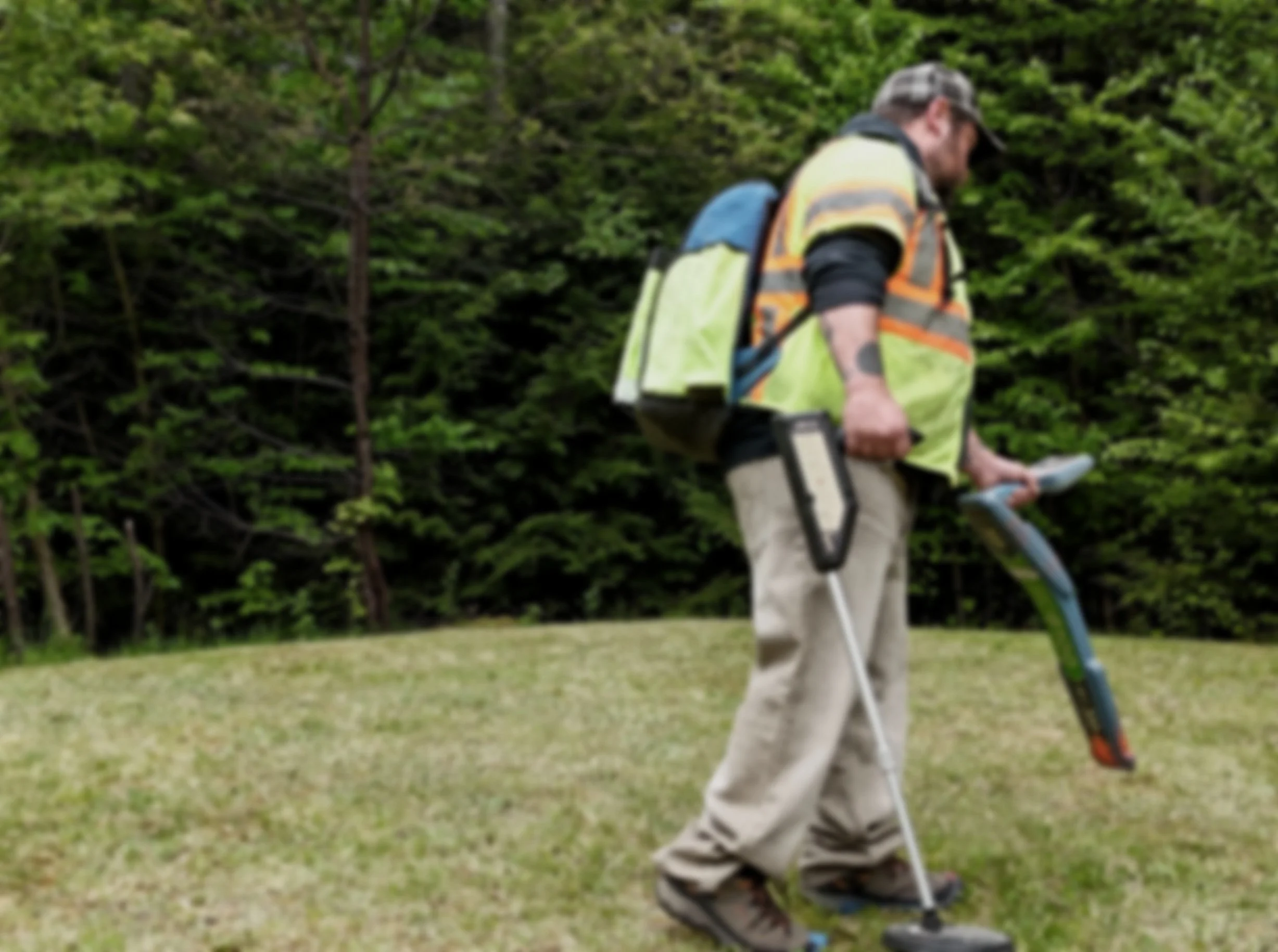 A person standing outdoors on grass, wearing a plaid cap, a safety vest, and beige pants, using utility locating equipment.