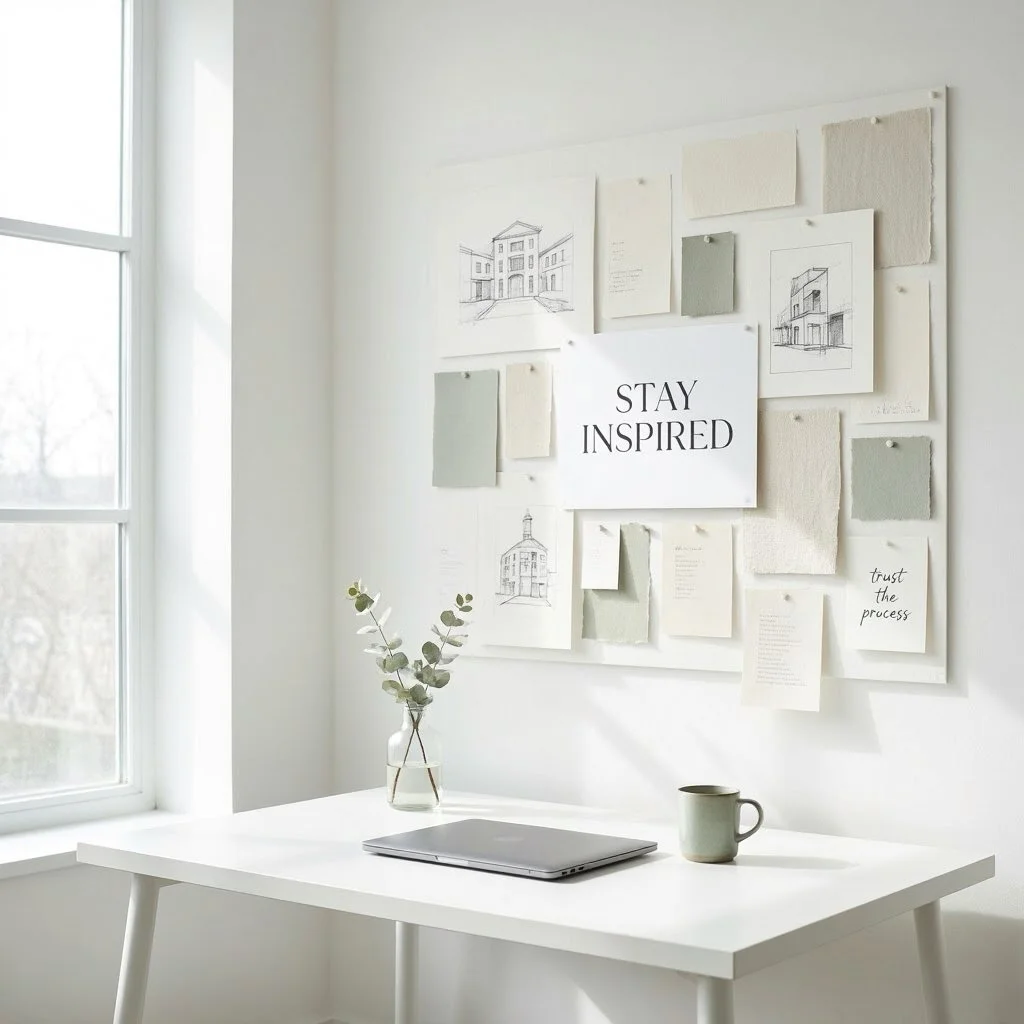 Bright minimal home office desk with mood board — virtual assistant working remotely in 2019