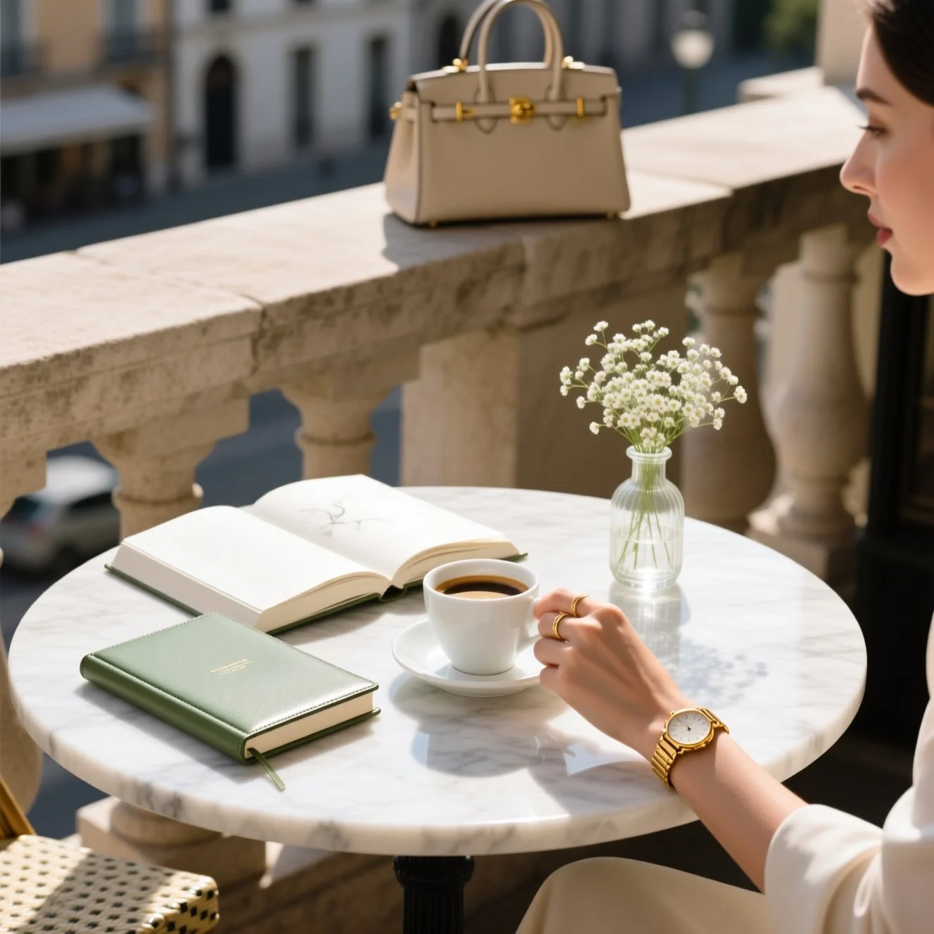 Online coach working at a café with a notebook and coffee