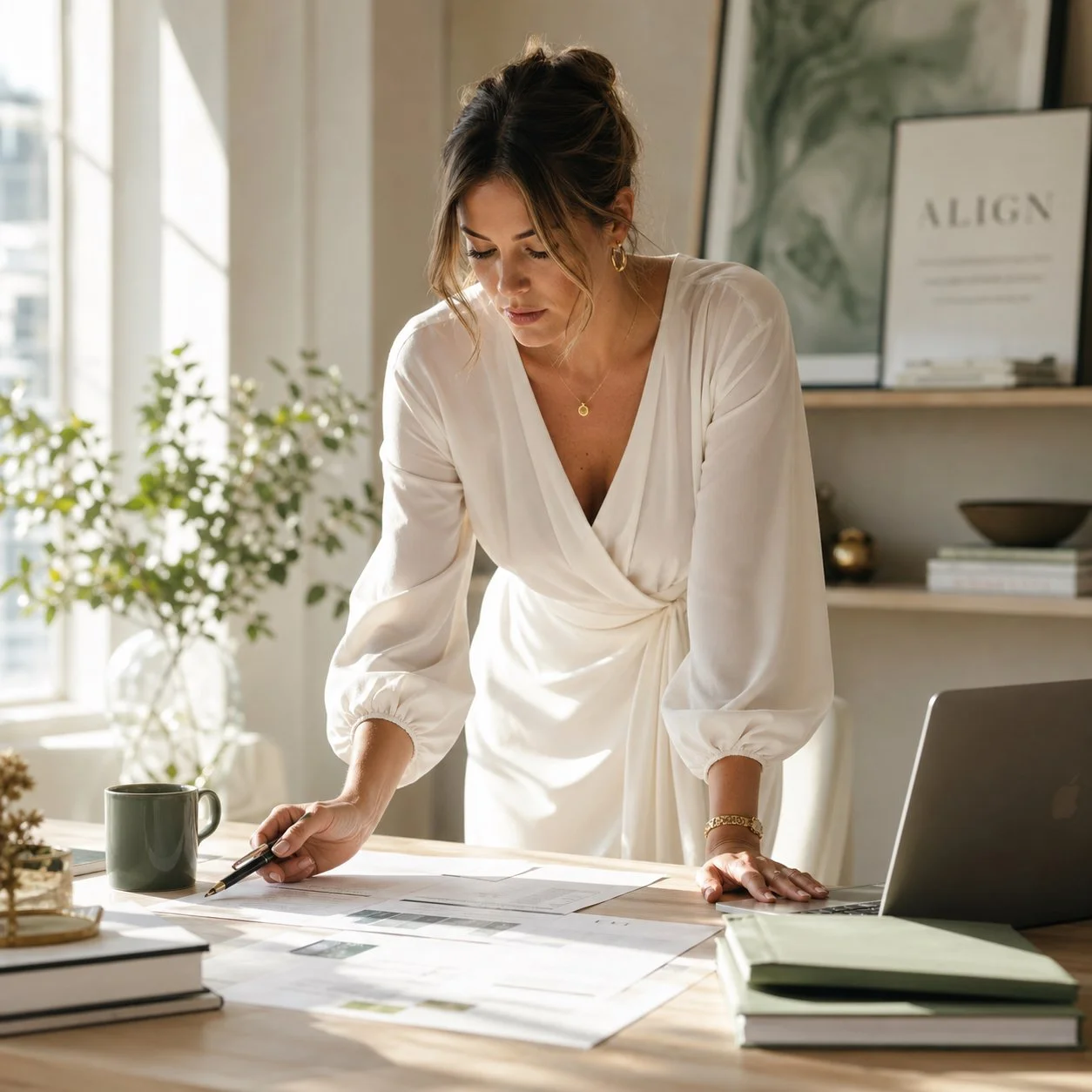 Online business owner reviewing plans at a desk — operations management for coaches and course creators