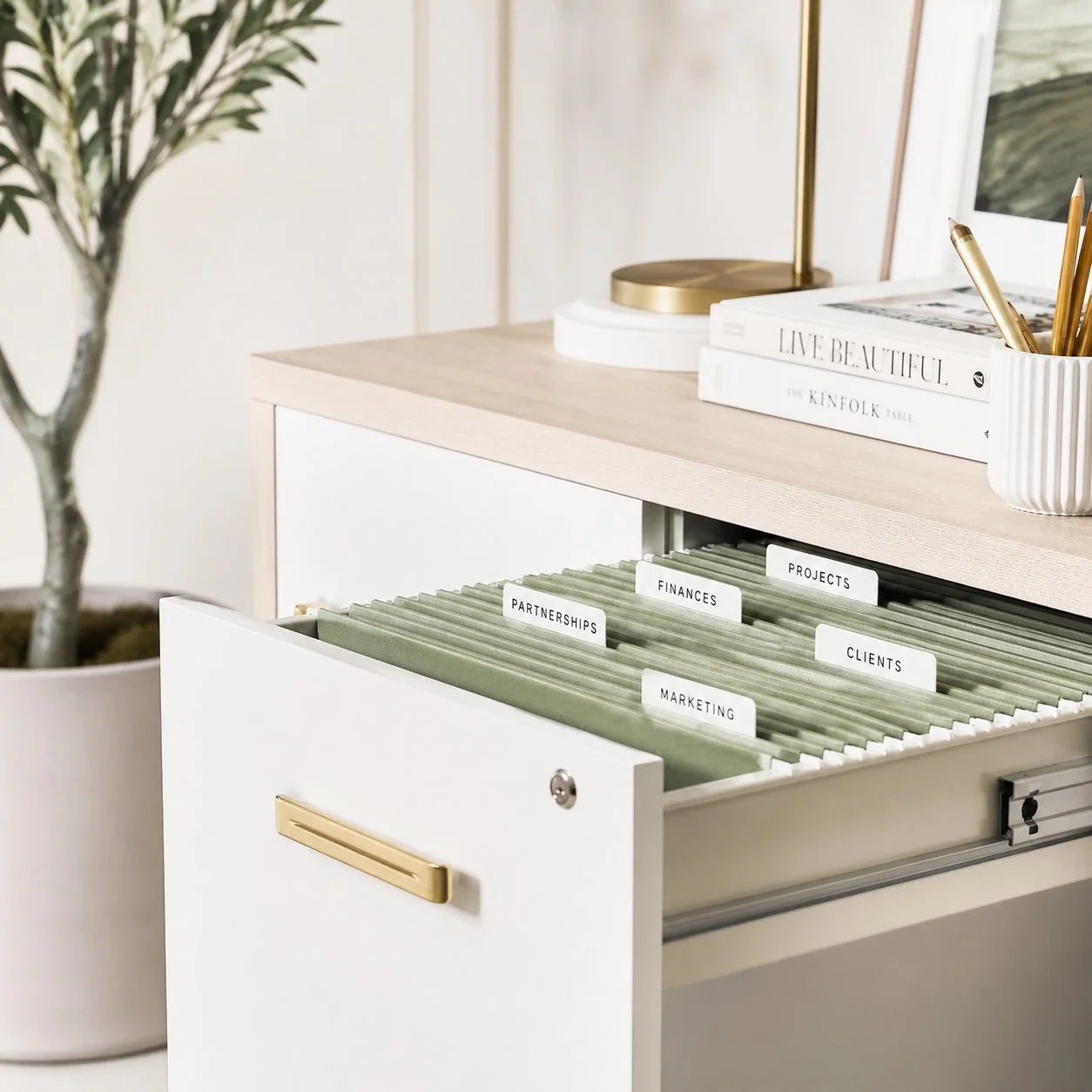 Organised filing cabinet with labelled folders for projects, clients and marketing