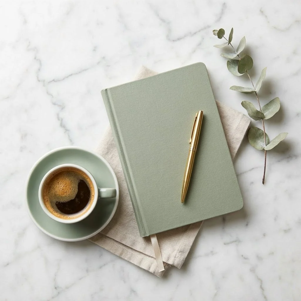 Notebook, pen and coffee on a marble desk — organised business operations for coaches