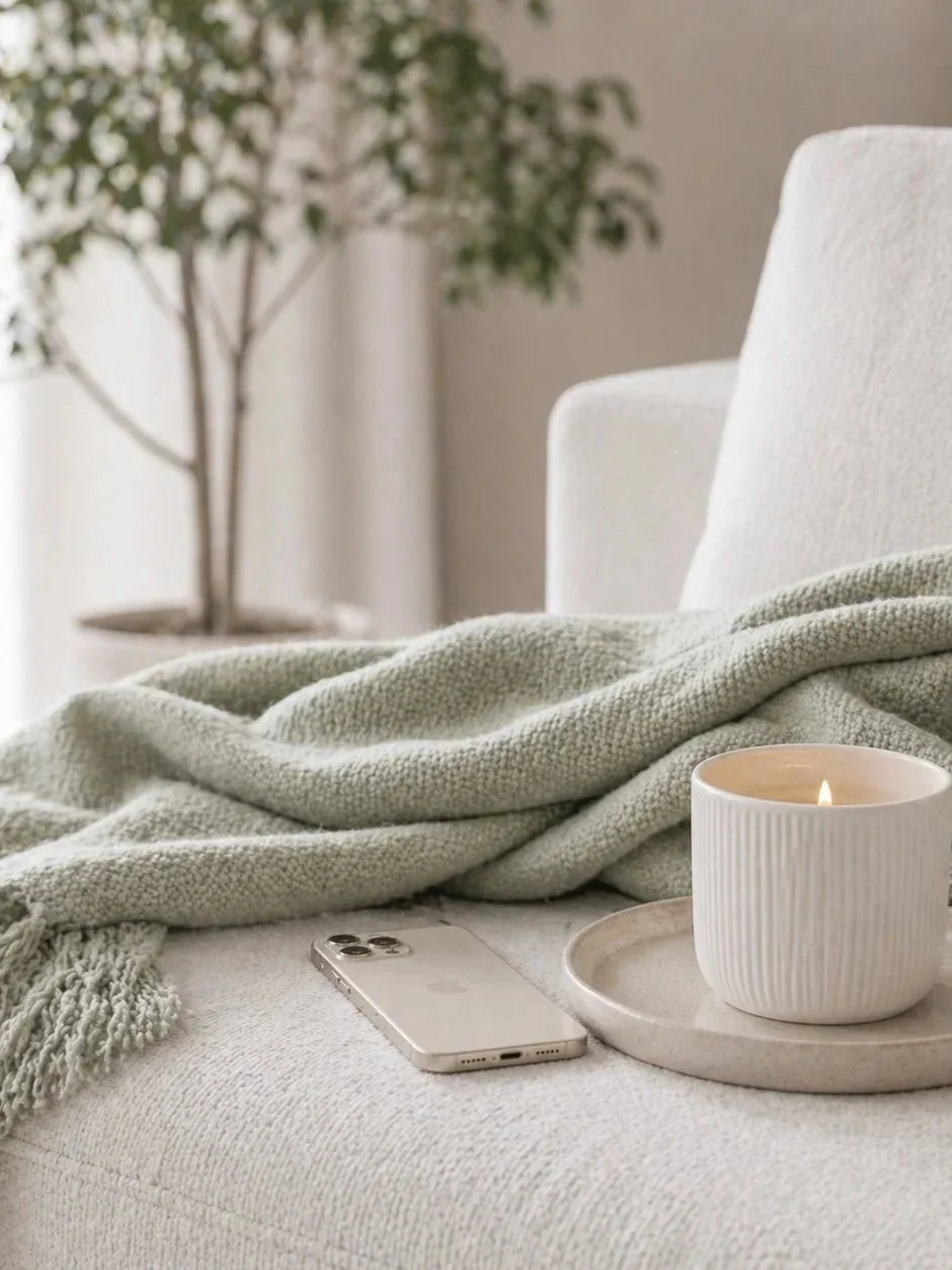 Calm coaching workspace with candle and soft furnishings — strategy support for wellbeing coaches